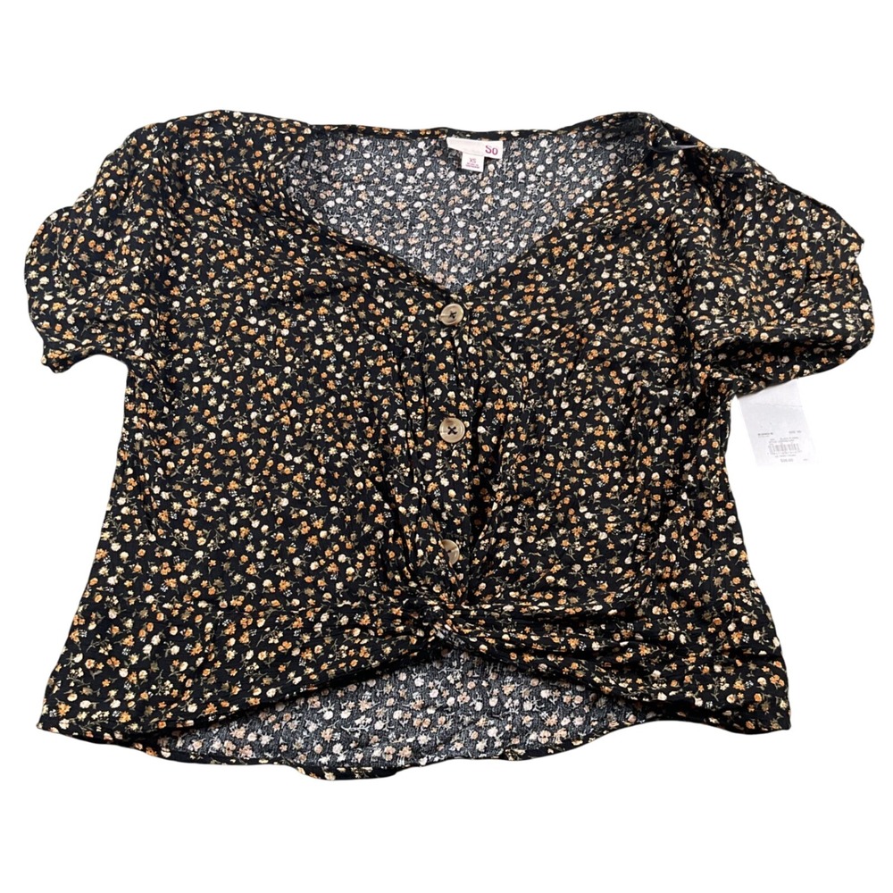 So Black Floral Twist Front Button Up Blouse Top Womens XS‎ Short Sleeve